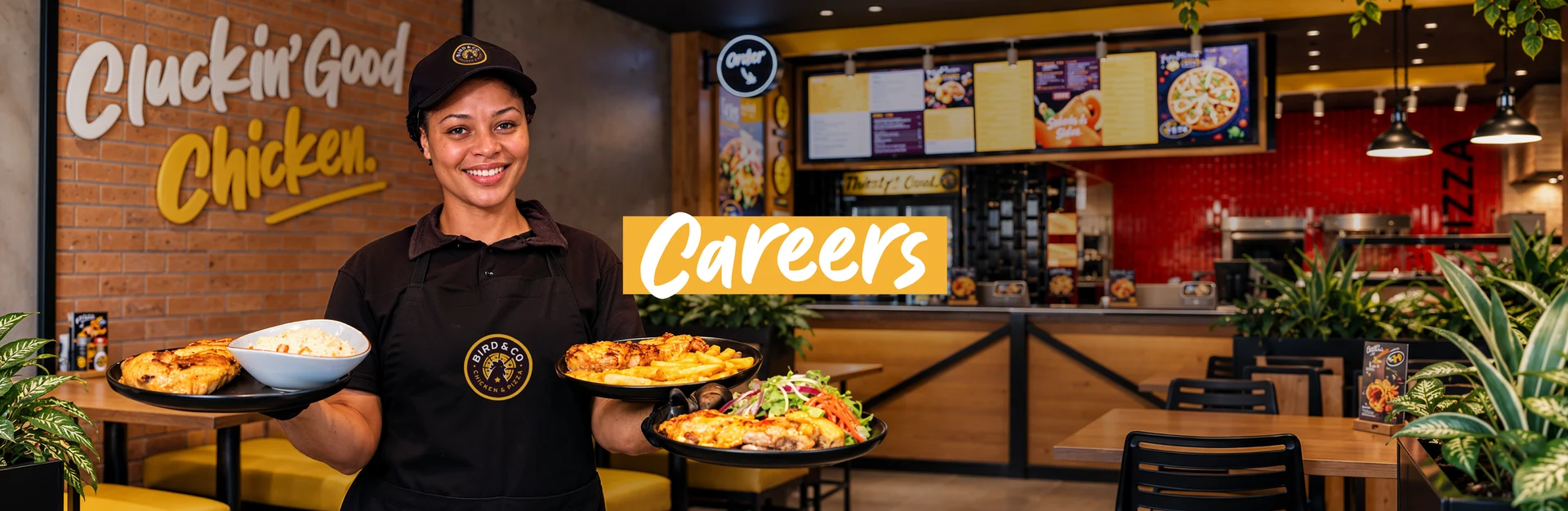 Careers — a Bird & Co team member welcoming you with chicken and pizza