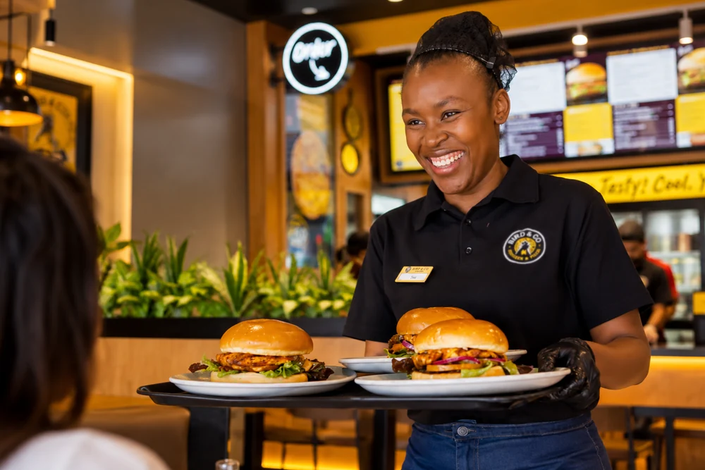 A Bird & Co team member serving freshly made burgers with a smile
