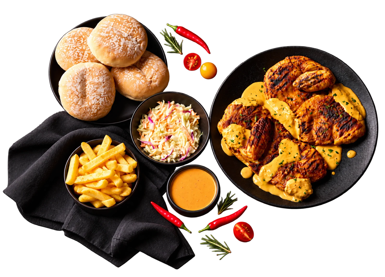Flame-grilled chicken with sauce, chips and bread rolls